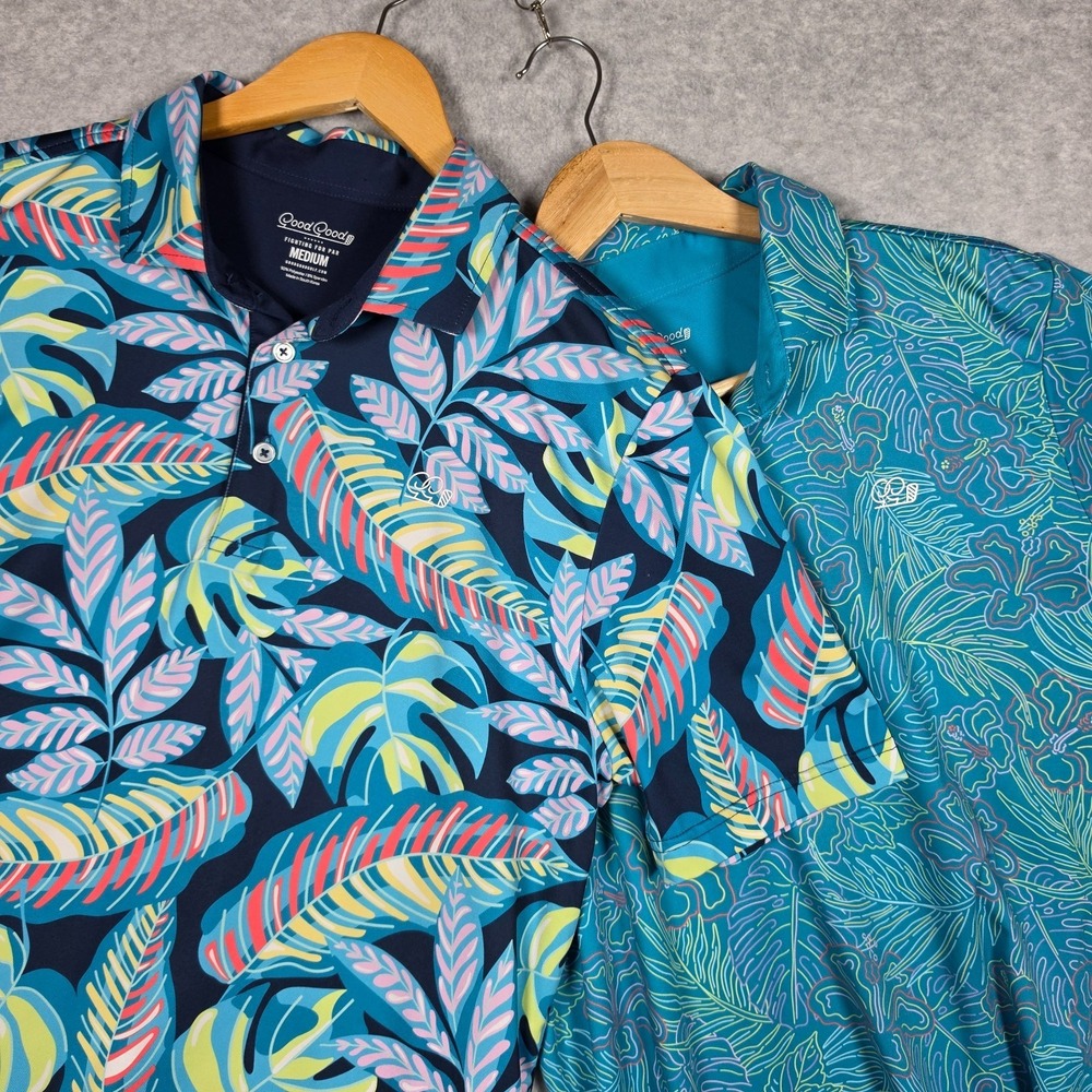 Good Good Golf Polo Mens Medium Multicolor Floral Performance Lot Of 2 Stretch